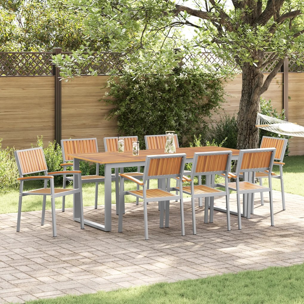 vidaXL 9-dielna záhradná jedálenská súprava šedá oceľ a masívne akáciové dr