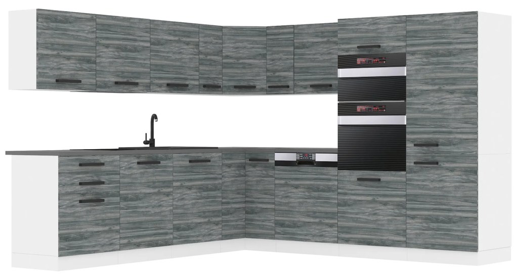 Kuchynská linka Belini Premium Full Version 480 cm šedý antracit Glamour Wood s pracovnou doskou JANE