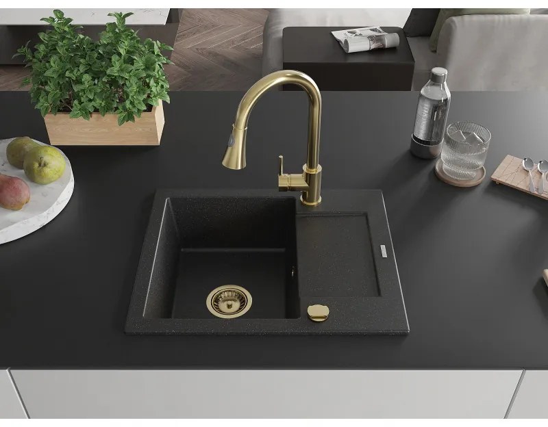 Mexen Enzo, 1-komorový granitový drez 576x465x174 mm a drezová batéria Elia, čierna-strieborná metalíza, 6506-73-670101-50