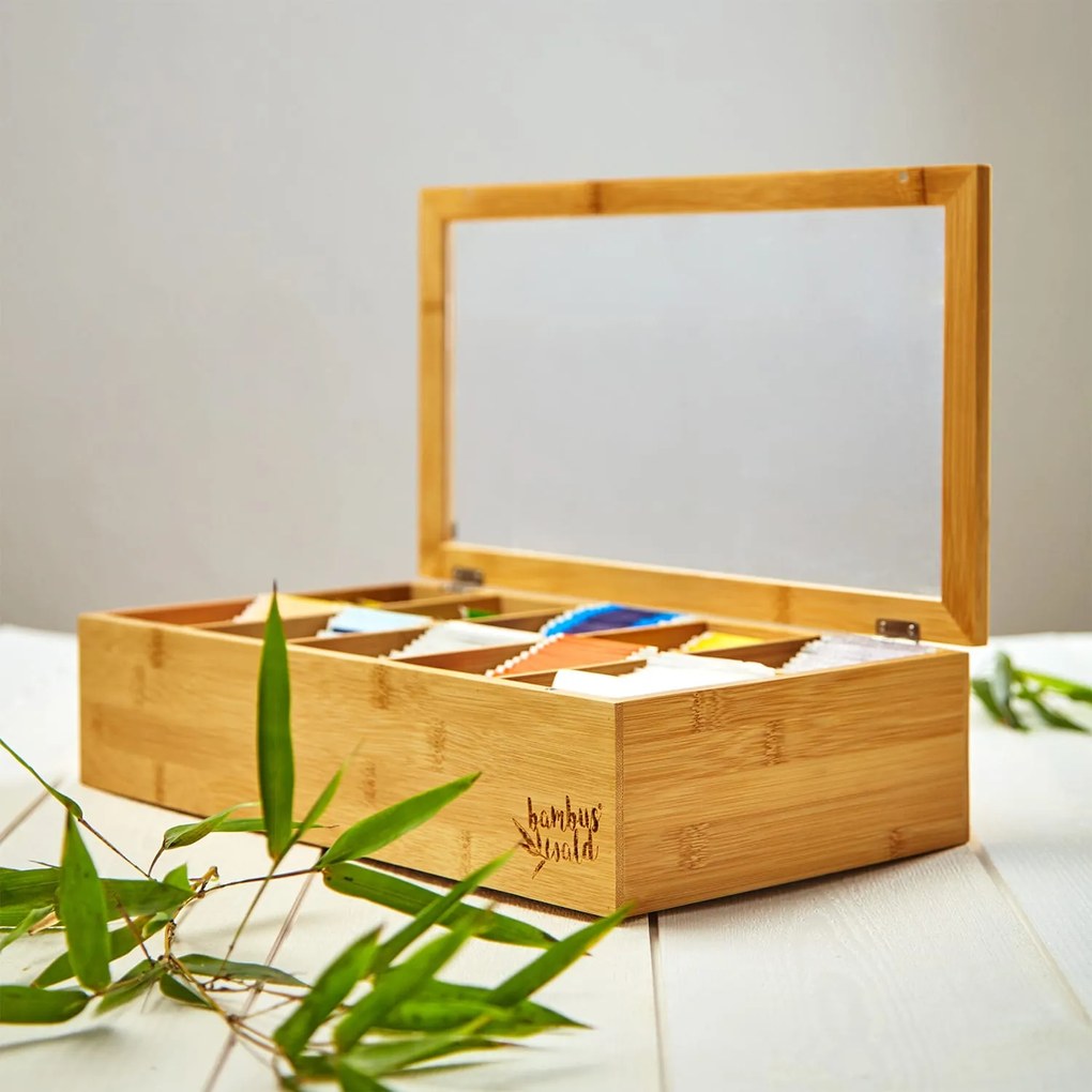 Škatuľka na čaj, 10 priečinkov, 150 čajových vrecúšok, priehľadné plastové okienko, bambus