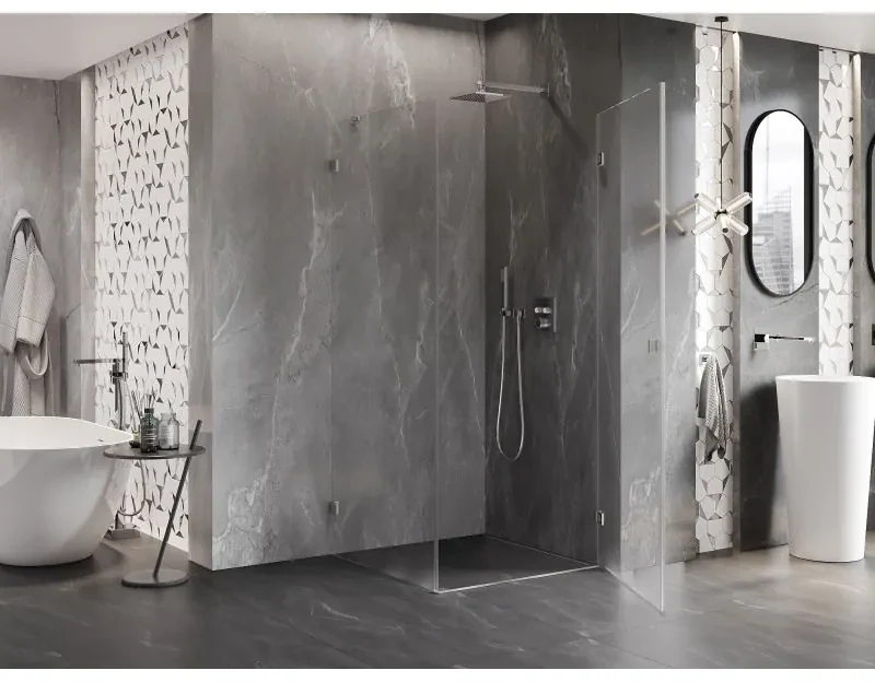Mexen Lunar-B pravostranný výklopný sprchový kút 90 x 90 cm, číre sklo, brúsená oceľ, 832-090-090-97-00-P