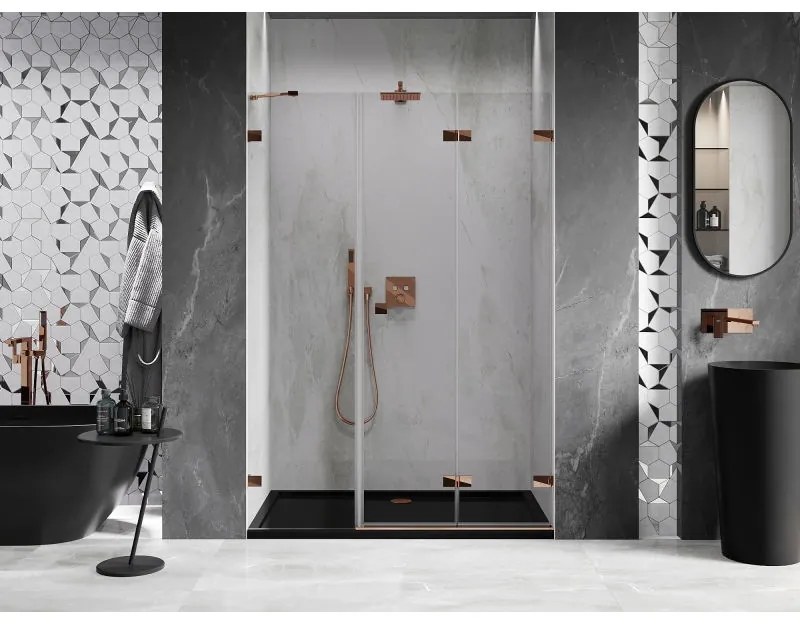 Mexen Lunar-F, pravé sklápacie sprchové dvere 145 cm, 8mm číre sklo, ružové zlato profil, 836S-145-050-60-00-P