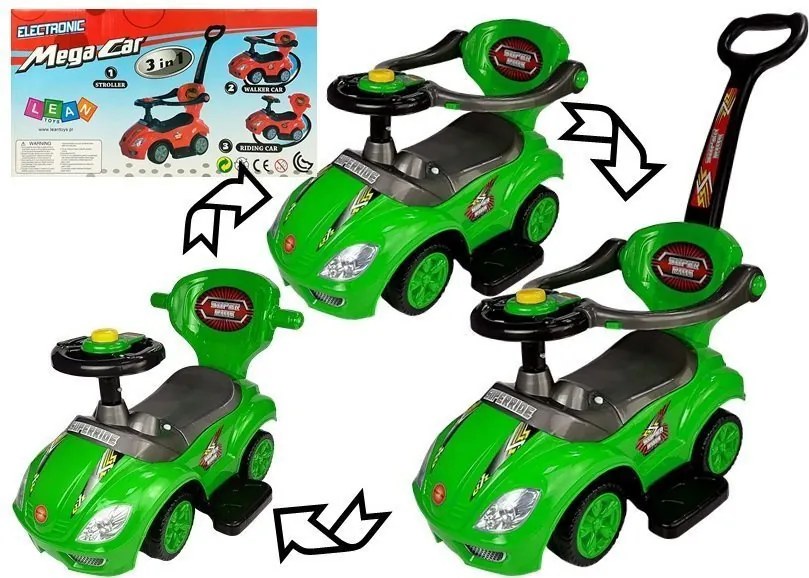LEAN CARS Mega Car 3v1 Push Ride Green