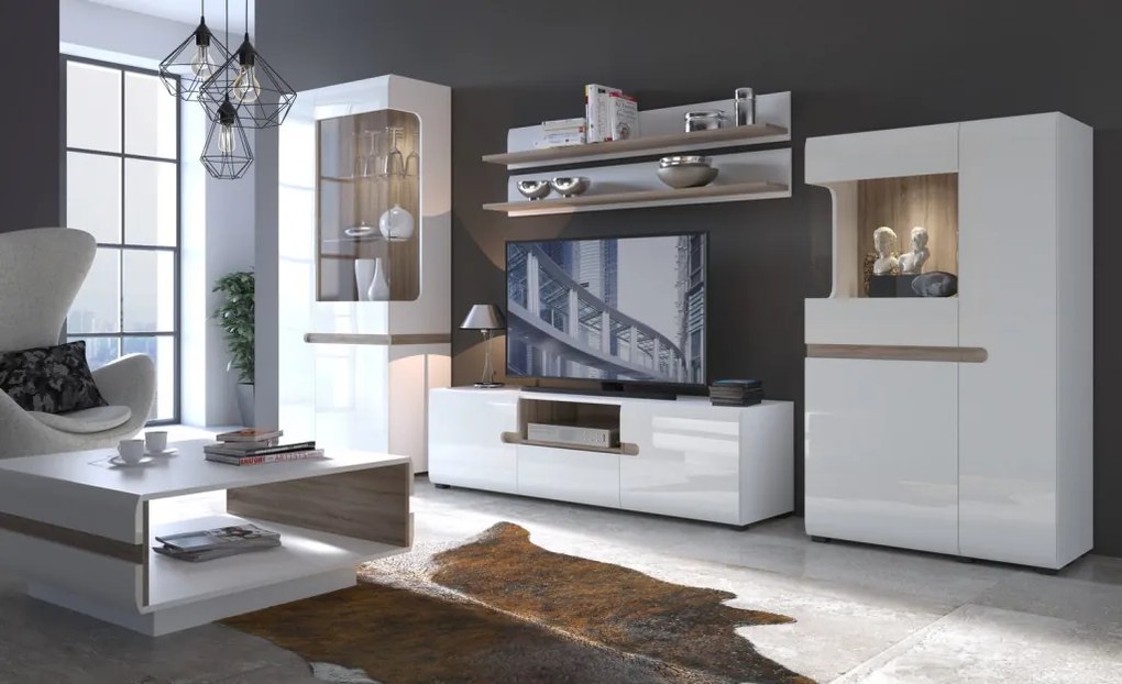 Široká TV skrinka Linate, biely lesk/dub