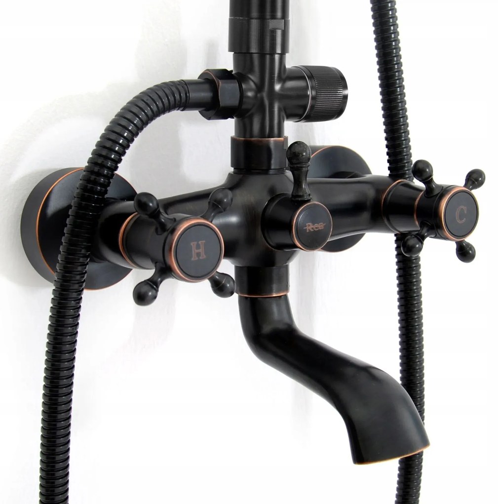 Rea Retro, sprchová súprava s ručnou a dažďovou sprchou a s otočnou vaňovou výlevkou, čierna matná-mosazná, REA-P2366