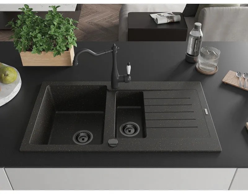 Mexen Matias, granitový drez 900x505x200 mm, 1,5-komorový a drezová batéria Carla, čierna-zlatá metalíza, 6502-75-670700-70-B