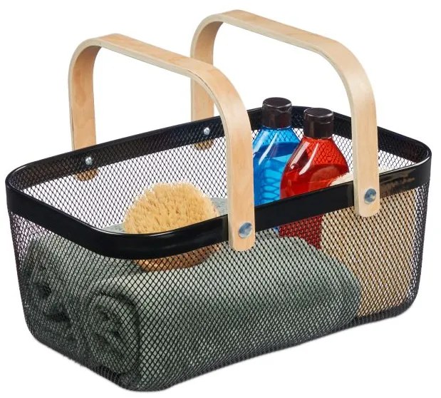 Drôtený košík s drevenými rúčkami čierny, RD45991