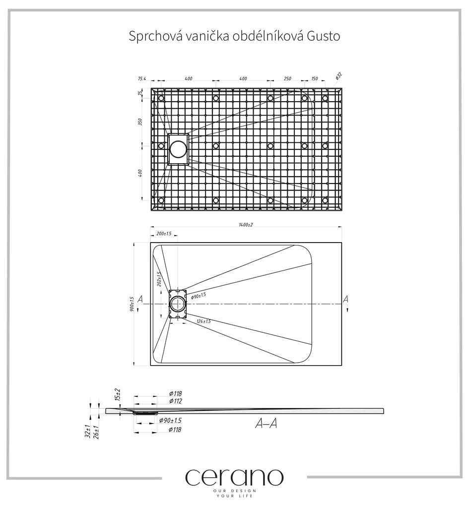 Cerano Gusto, obdĺžniková sprchová vanička 140x90x3 cm z minerálneho kompozitu, čierna matná, CER-CER-414731
