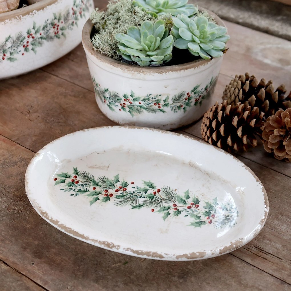 Béžový keramický podnos s cezmínou Holly Christmas Antique - 25 * 18 * 2,5 cm