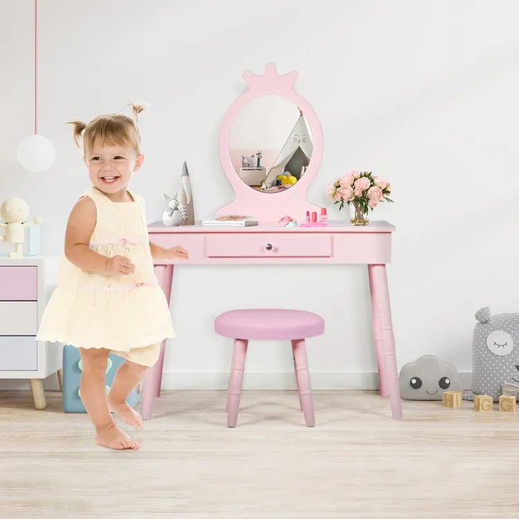 Detský toaletný stolík s taburetkou, odnímateľným zrkadlom v ružovej farbe