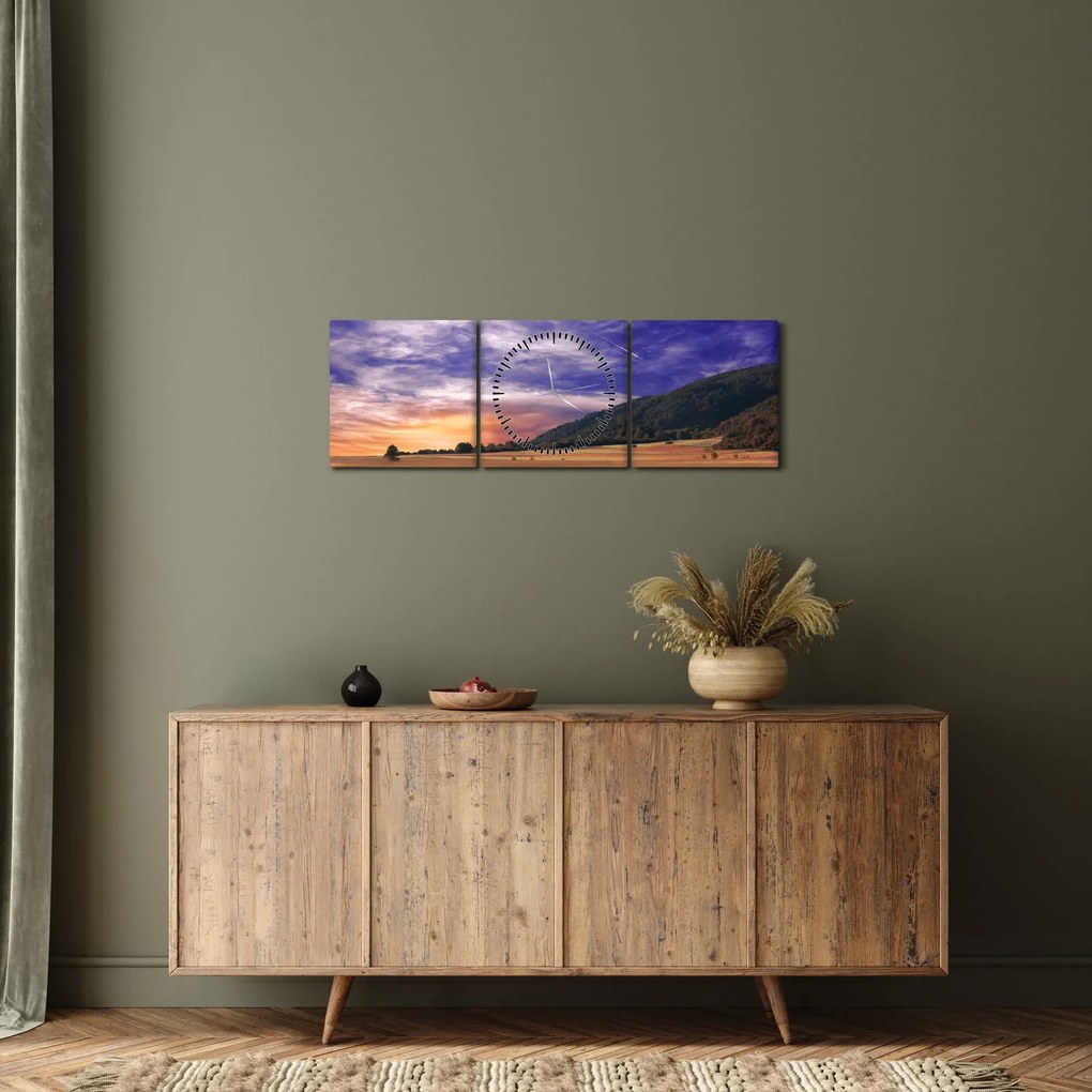 Obraz levanduľovej lúky (s hodinami) (90x30 cm)