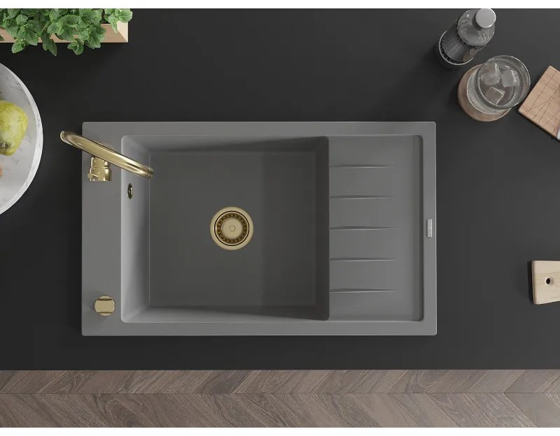 Mexen Elias, granitový drez granitový 795x480x200 mm, 1-komorový, šedá so zlatým sifónom, 6511791005-71-G