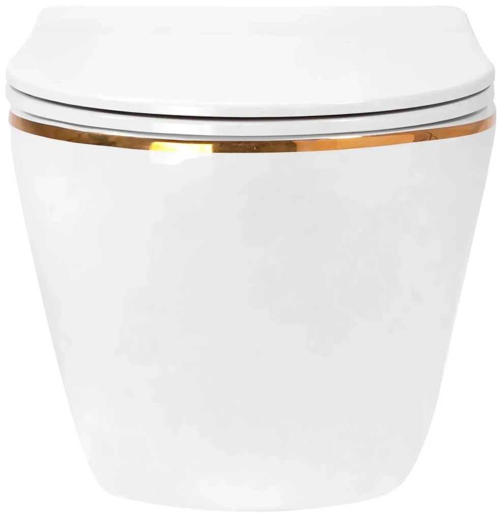 Rea Carlo Mini Tornado NF, závesná WC misa 490x365x350mm + toaletné sedadlo, biela-zlatý okraj, REA-C6806