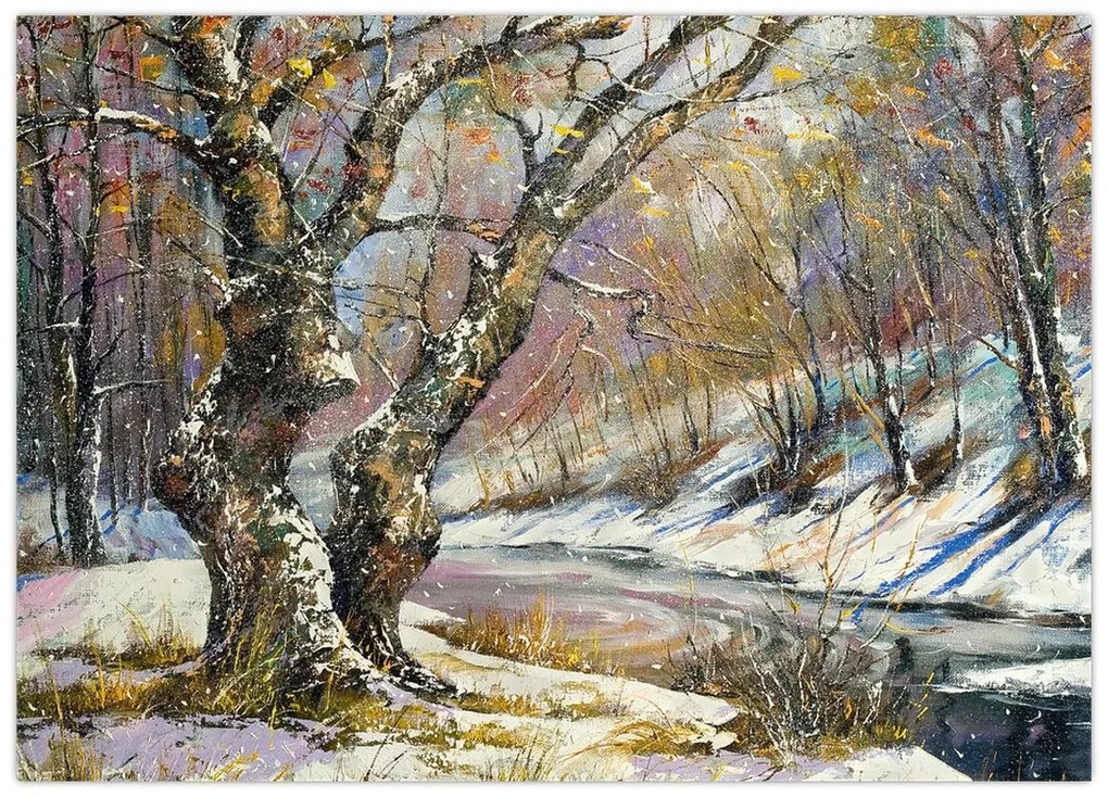 Sklenený obraz maľovanej zimnej krajiny (70x50 cm)