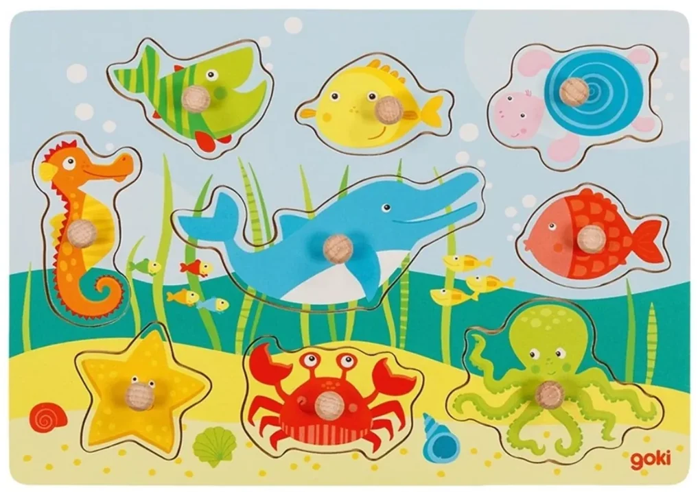 Goki Edukačná drevená vkladačka/puzzle s úchytmi Morský svet
