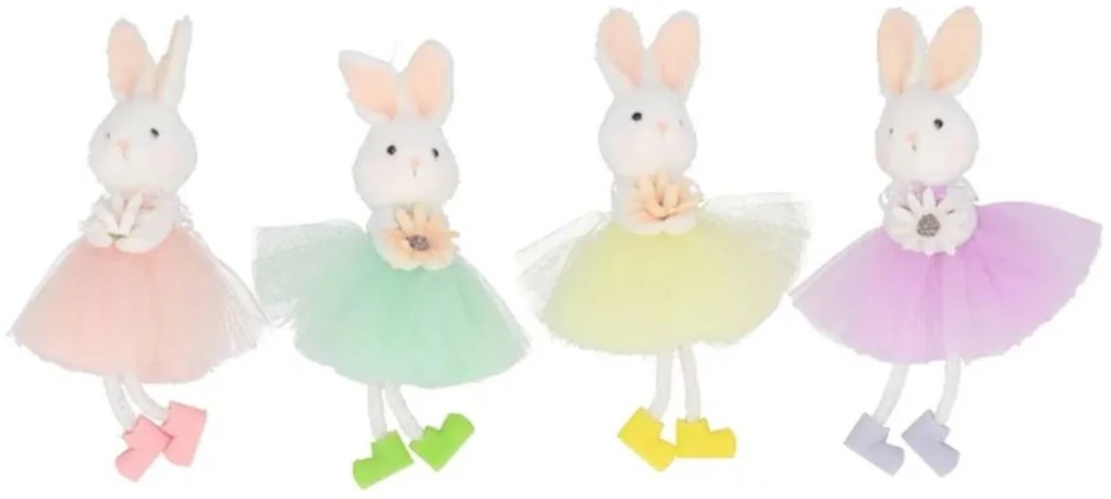 4ks závesná textilná dekorácia králiček vo farebnej sukienke - 7*11 cm