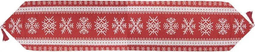 Červený látkový behúň s vločkami a strapcom - 33*180 cm