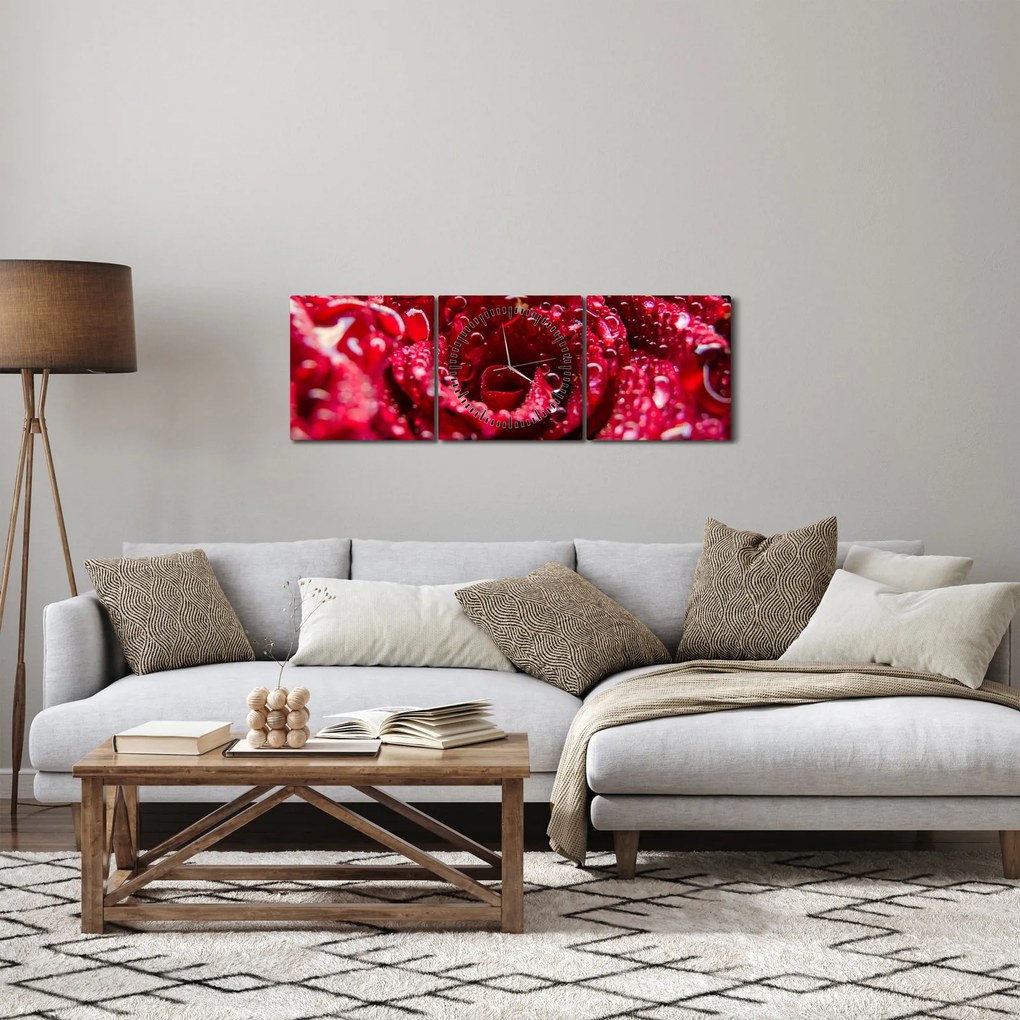 Obraz kvetu červenej ruže (s hodinami) (90x30 cm)