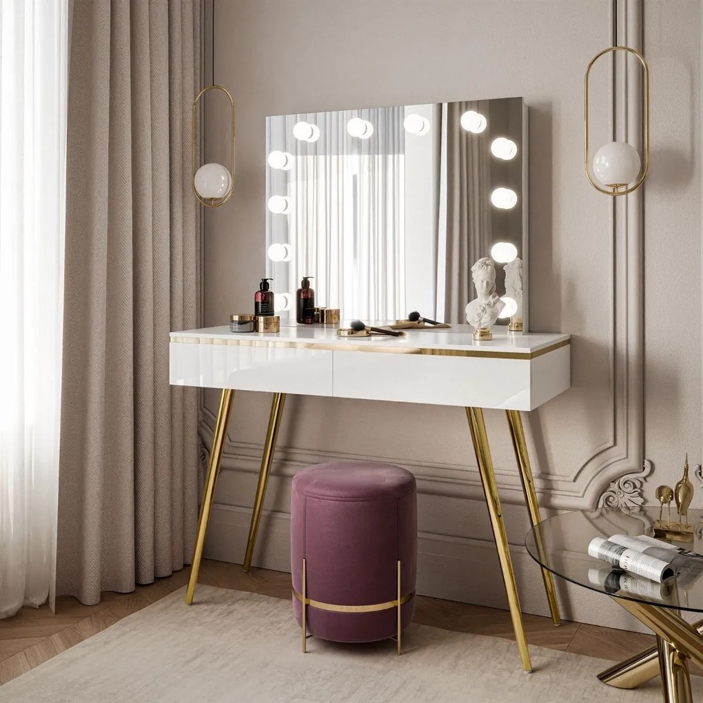 TOALETNÝ STOLÍK NESSIE SHINE BIELY LESK + ZLATÉ NOHY + LED