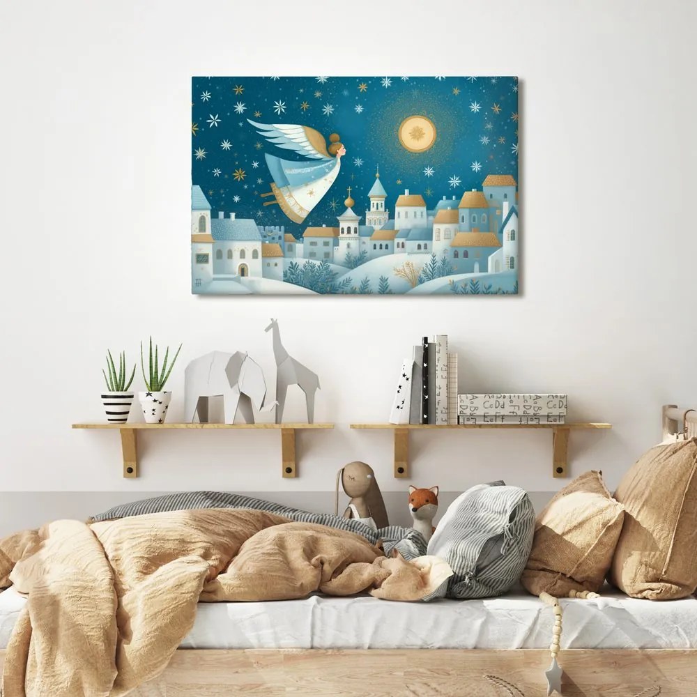 Vianočný obraz anjel nad zimnou dedinou