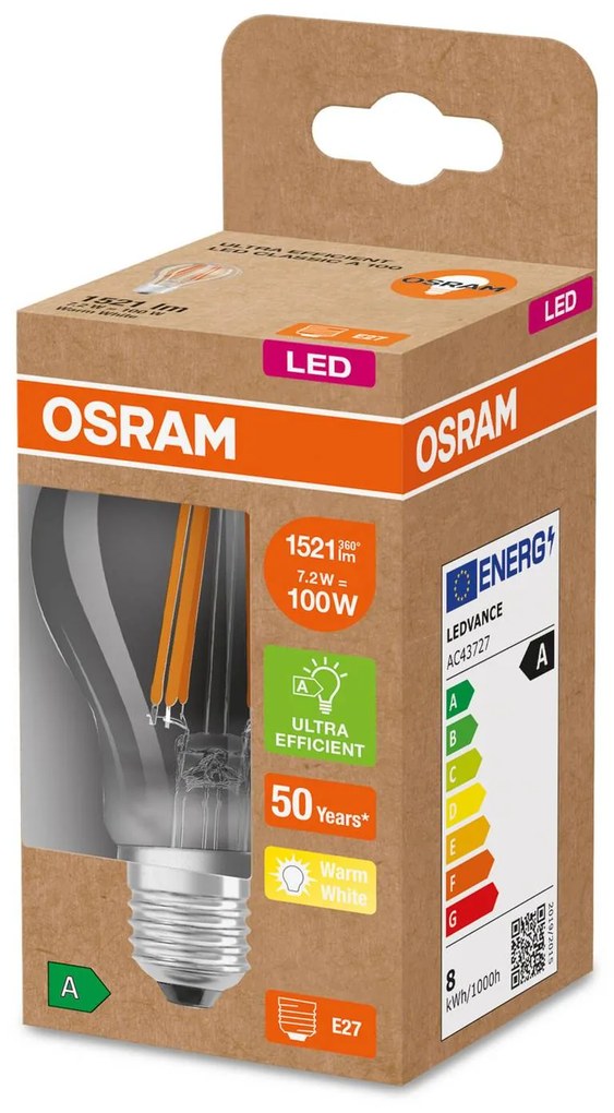 OSRAM LED žiarovka E27 A60 7,2W 1 521lm 3000K číra