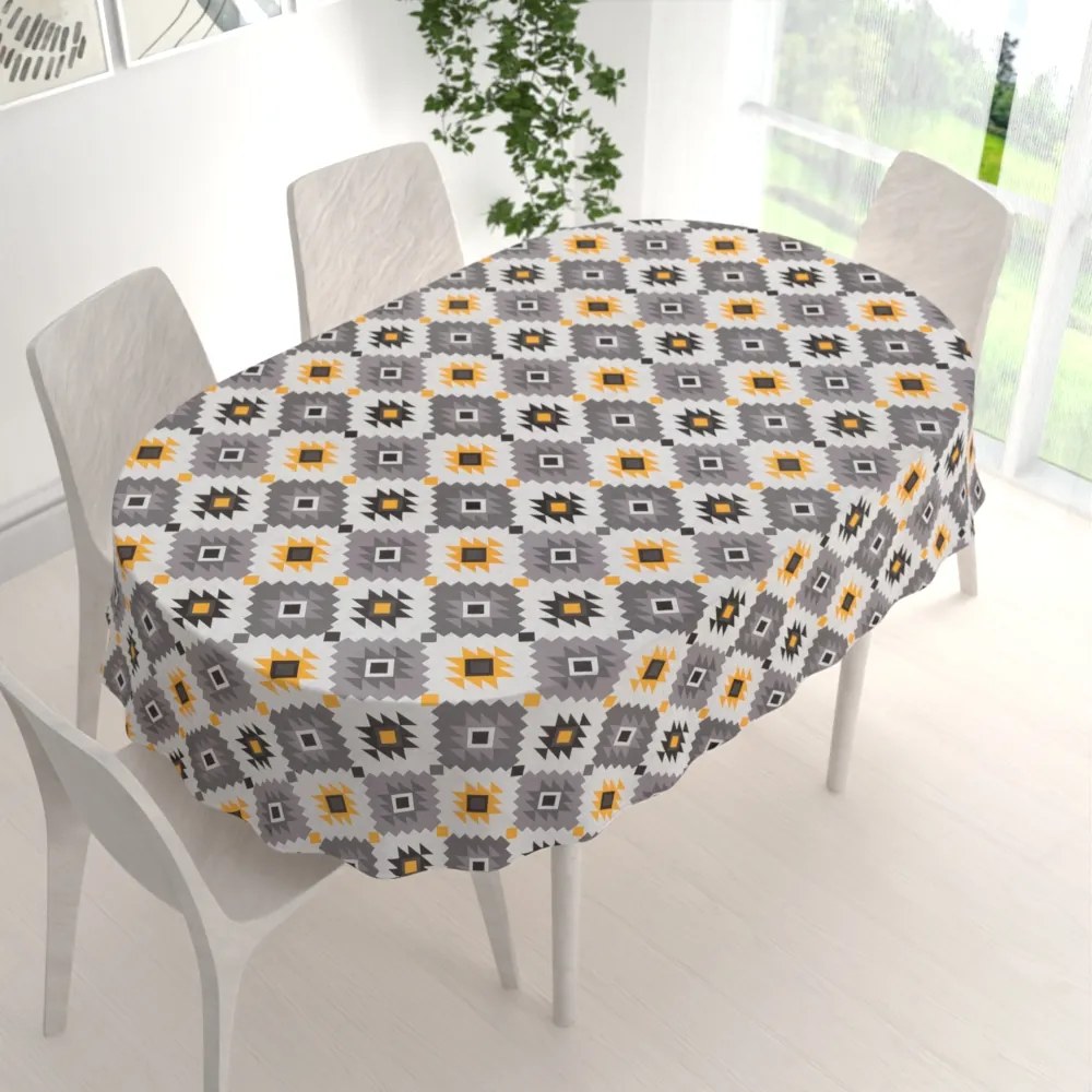 Biante Bavlnený oválny obrus Sandra SA-520 Žlto-sivý aztécky vzor 80x120 cm