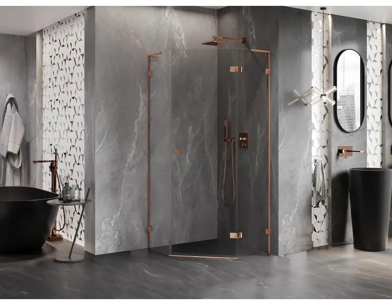 Mexen Lunar, L päťuholníkový sprchový kút s pravým sklonom 90 x 90 cm, 8mm číre sklo, profil ružové zlato, 831L-090P-090L-60-00-P