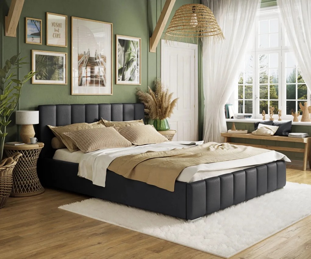 ANGIE 160X200 ČALÚNENÁ MANŽELSKÁ POSTEĽ ČIERNA EKO-KOŽA S ÚLOŽNÝM PRIESTOROM