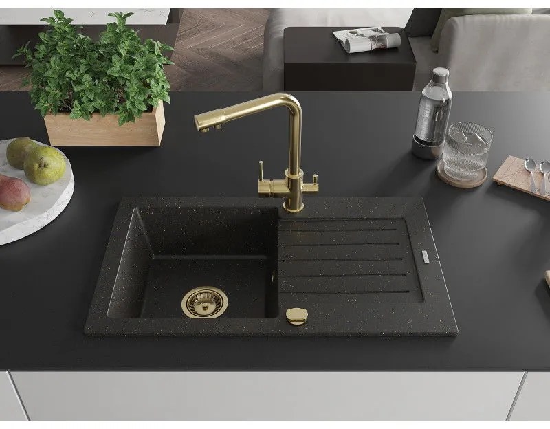 Mexen Pablo, granitový drez 752x436x161 mm, 1-komorový a zlatá batéria Duero, čierna - zlatá metalíza, 6510-75-671600-50