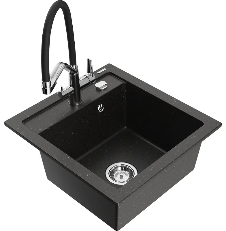 Mexen Vito, 1-komorový granitový drez 520x490x210 mm, drezová batéria Duo, čierna-zlatá metalíza, 6503-75-671701-07