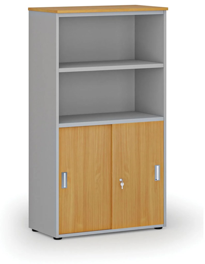Kombinovaná kancelárska skriňa PRIMO GRAY, zasúvacie dvere na 2 poschodia, 1434 x 800 x 420 mm, sivá/buk