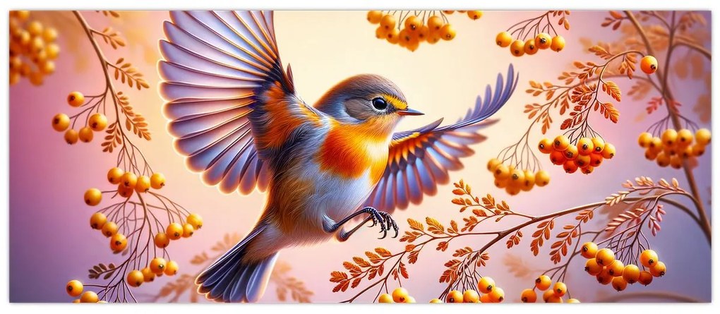 Obraz - Vták s jarabinou (120x50 cm)