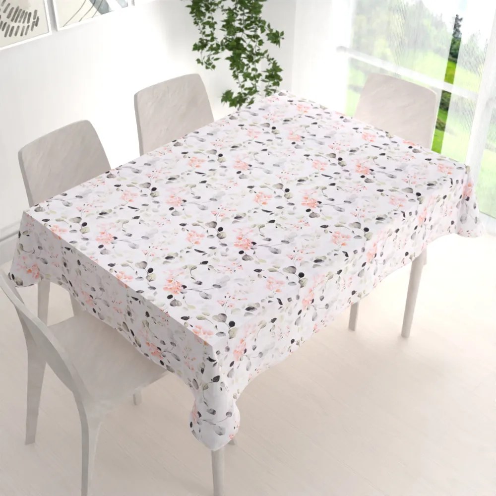 Biante Bavlnený obdĺžnikový obrus Sandra SA-288 Eukalyptus s ružovými kvetmi na bielom 50x100 cm