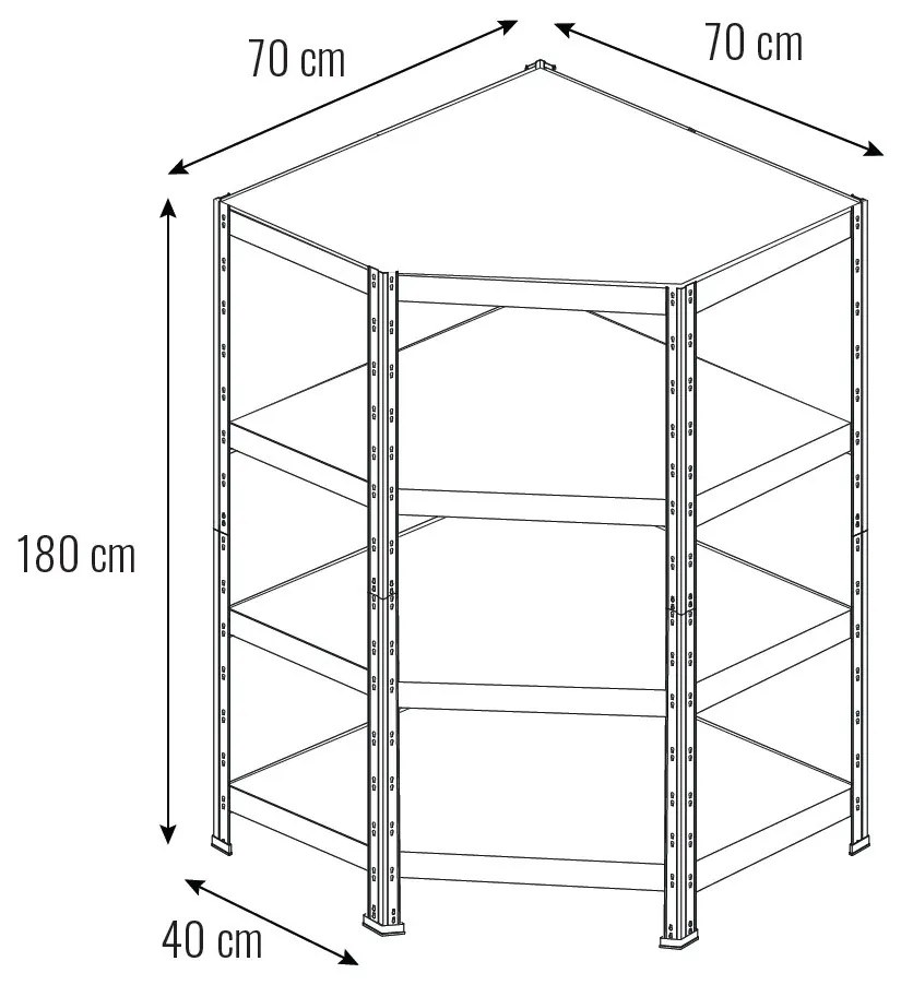 Rohový kovový regál RIVET BUDGET, 180x70x70x40 cm, 4x HDF polica, zinok