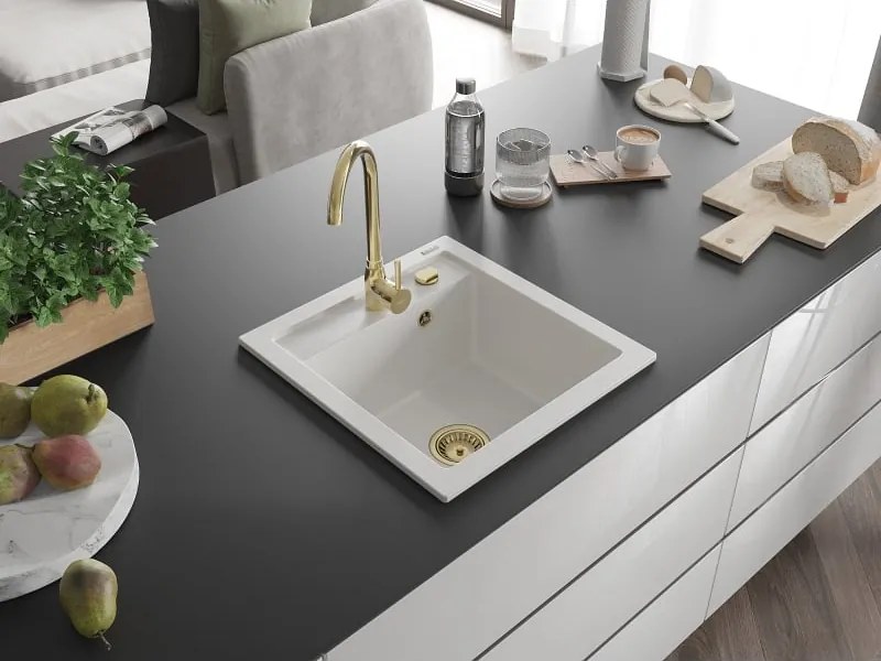 Mexen Vito granitový drez 1-komorový 520 x 490 mm, biely, zlatý sifón - 6503521000-20-G