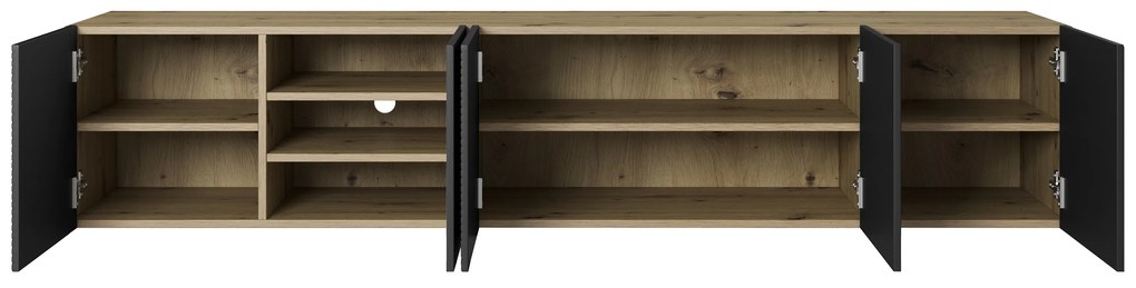 Závesná skrinka RTV Asha 200 cm s ryhovaným čelom - artisan / čierny mat