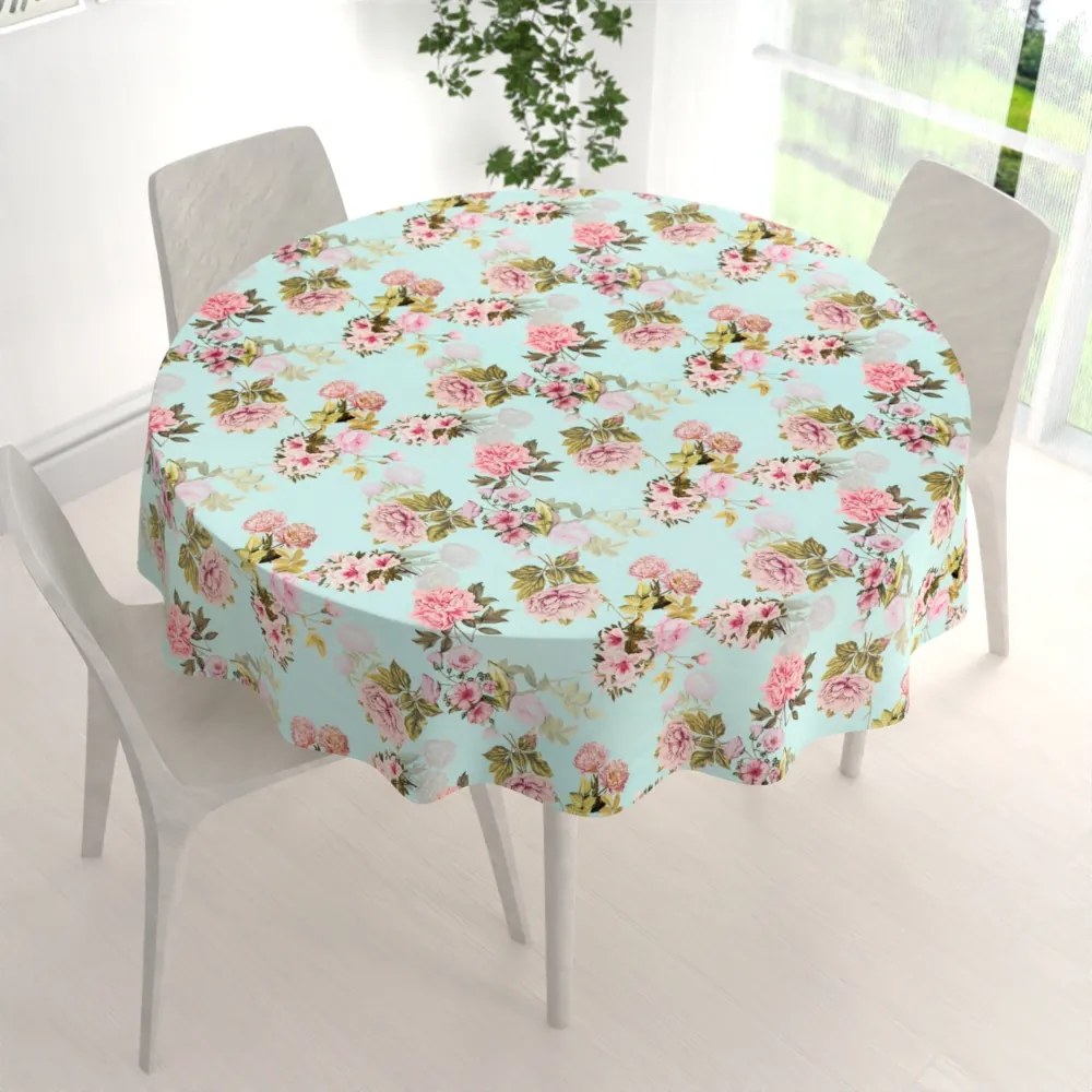 Biante Zamatový okrúhly obrus Tamara TMR-038 Ružová záhrada na svetlo modrom Ø 40 cm