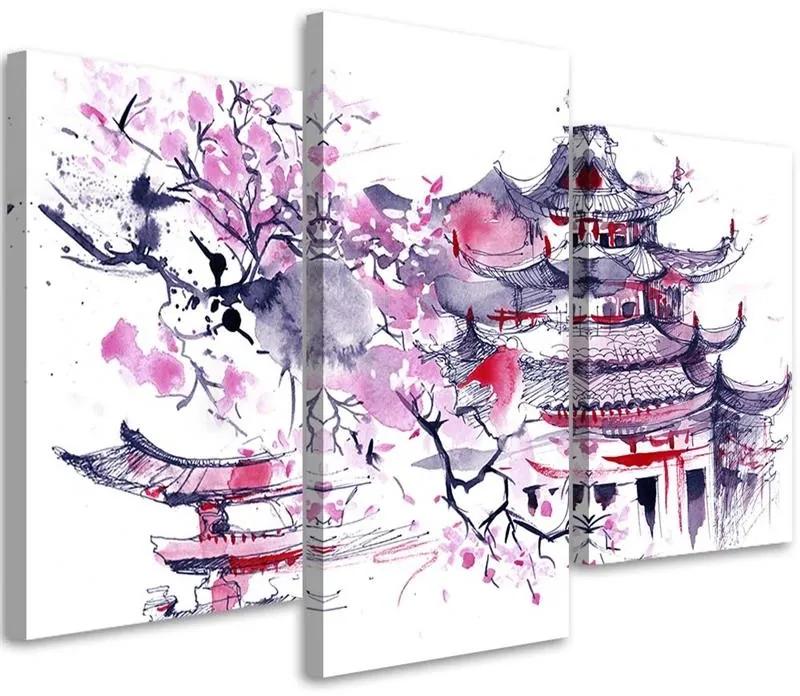 Gario Obraz na plátne Japonská pagoda a čerešňový kvet - 3 dielny Rozmery: 60 x 40 cm