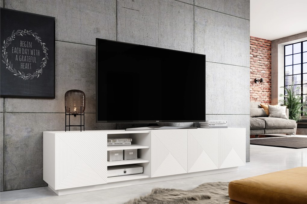 TV stolík Asha 200 cm na sokli s 3 otvorenými policami - biely mat