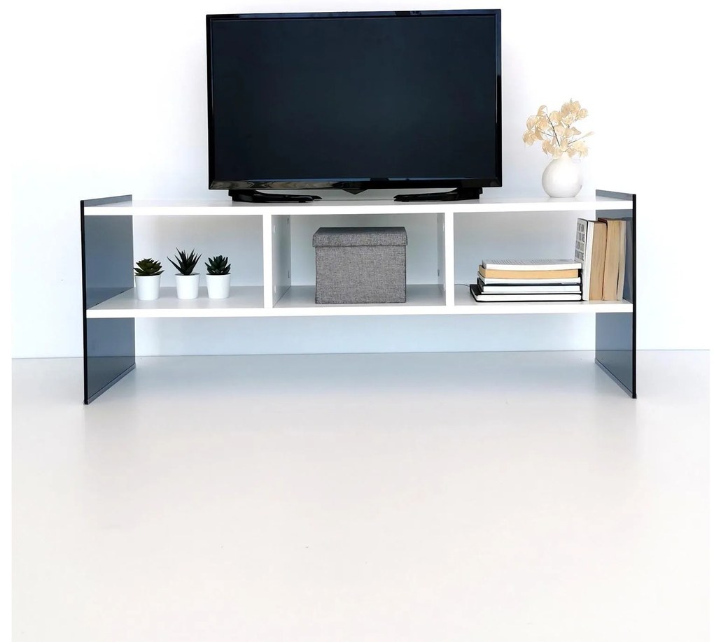 TV stolík/skrinka Vamebo 7 (biela + dymová) . Akcia -19%. Vlastná spoľahlivá doprava až k Vám domov. 1095481