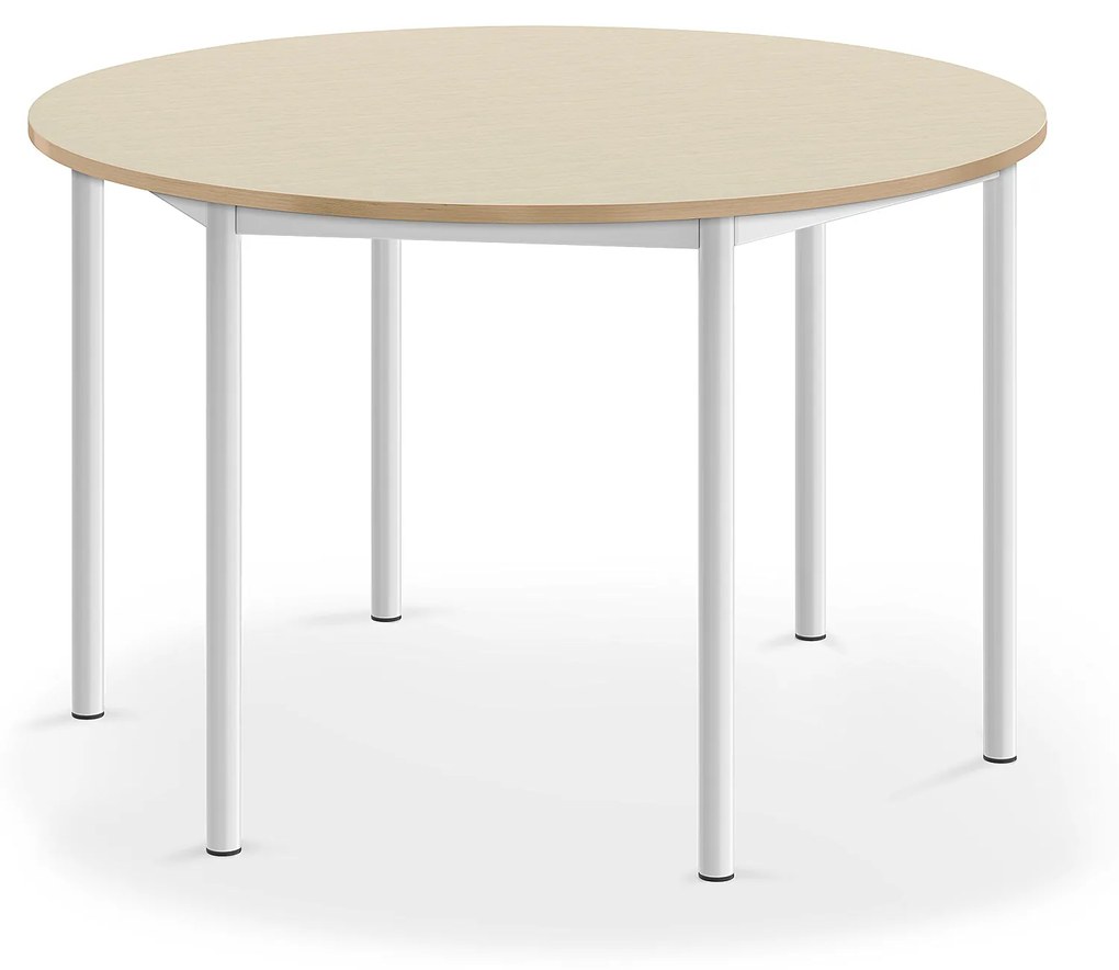 Stôl SONITUS, kruh, Ø1200x720 mm, HPL - breza, biela