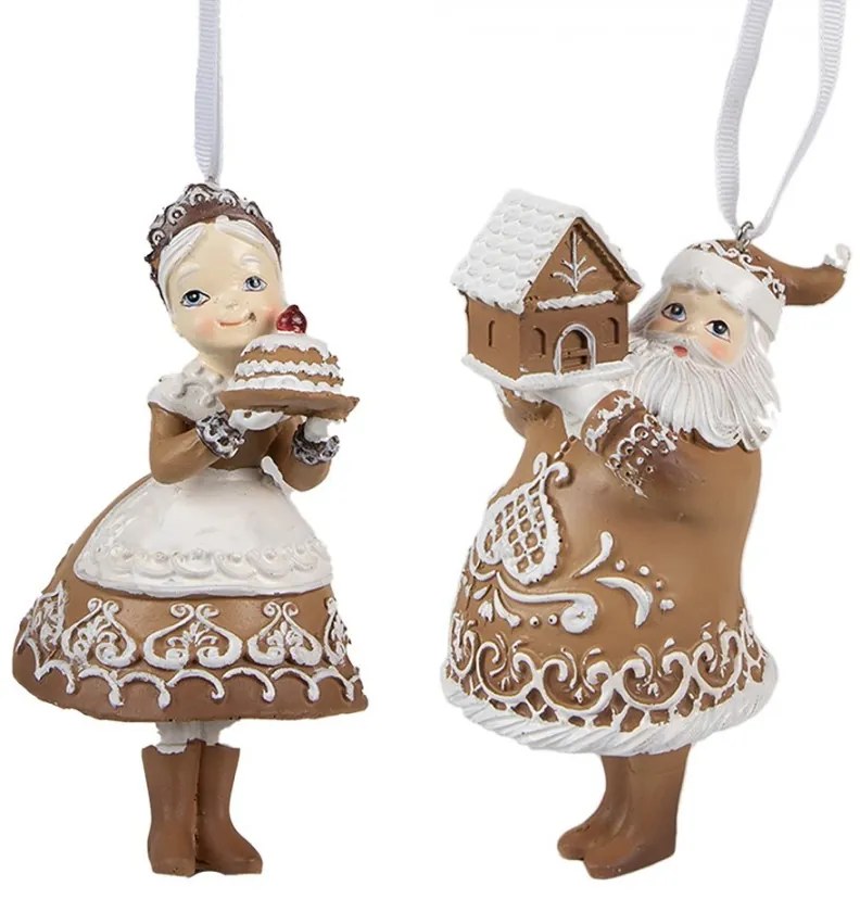 2ks hnedá vianočná ozdoba perníčkový Santa so Santovou - 9*7*13 cm / 8*6*13 cm