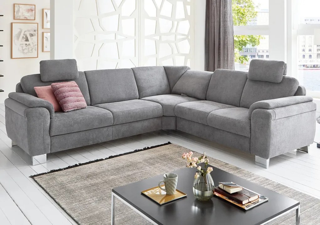 Rohová sedacia súprava s kreslom Omaha, šedá látka, s funkciami