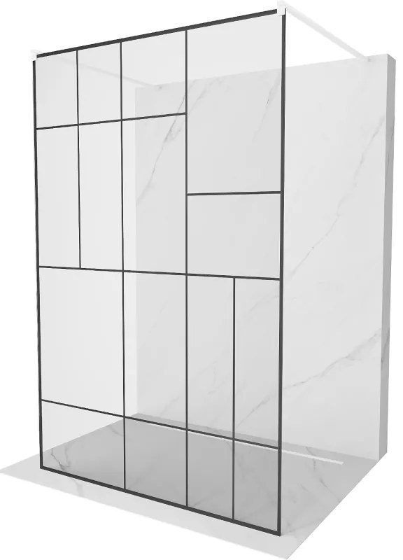 Mexen Kioto, priechodná sprchová zástena 130 x 200 cm, 8mm sklo číre/čierny vzor, 2x biela stabilizačná rozpera, 800-130-002-20-78