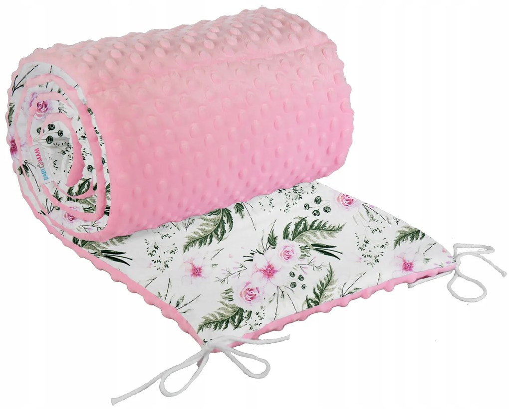 Ochranný mantinel do postieľky 180x30 cm BABYMAM PREMIUM - Kvety v záhrade s ružovou Minky