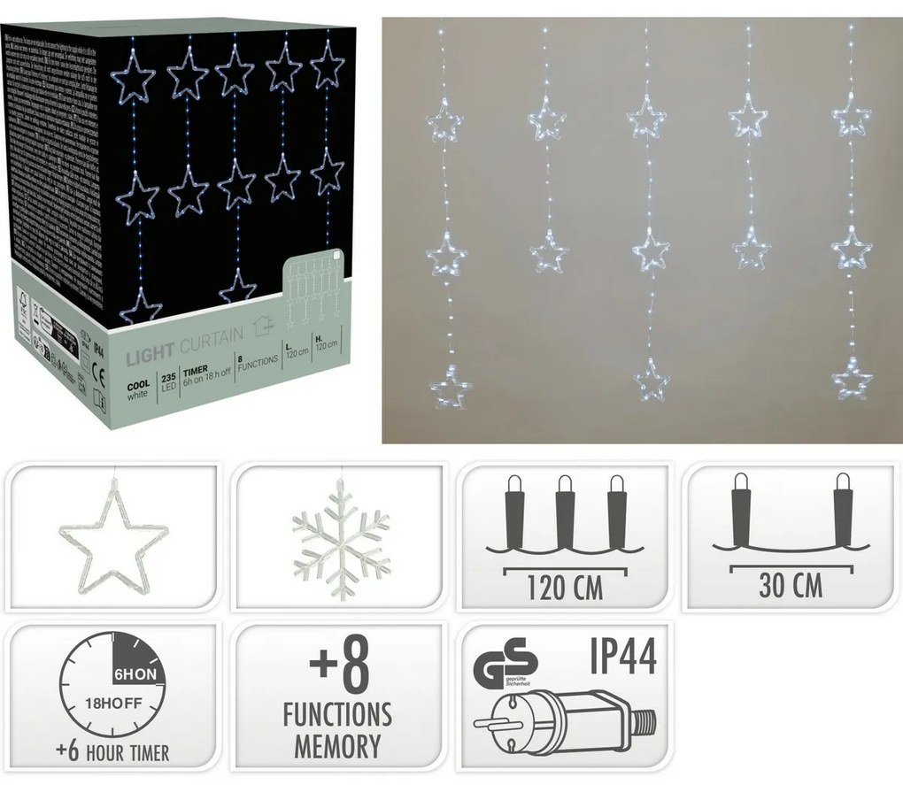 Svetelný vonkajší záves Snowflakes, 120x120cm, LED, studená biela, časovač, 8 funkcií, na batérie, 120 cm