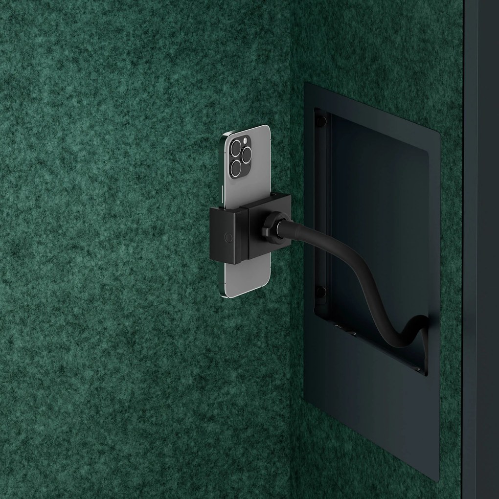 Kancelárska akustická kabína so sedadlom a portom USB-C, telo v antracitovej farbe / sedadlo v zelenej farbe, 600 mm: SALLY MentalBox