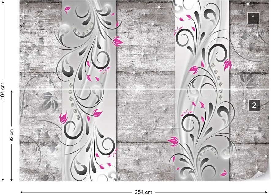 Fototapeta GLIX - stříbrné ornamenty s květy a diamanty + lepidlo ZADARMO Vliesová tapeta  - 254x184 cm