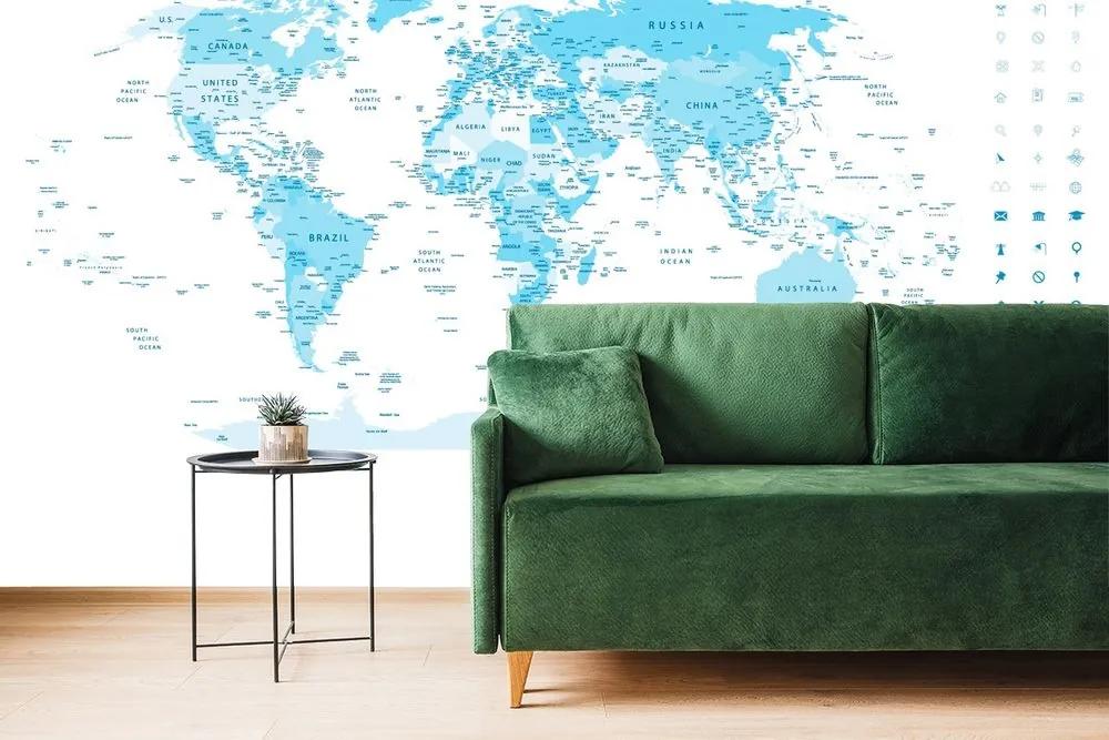 Samolepiaca tapeta detailná mapa sveta v modrej farbe - 150x100