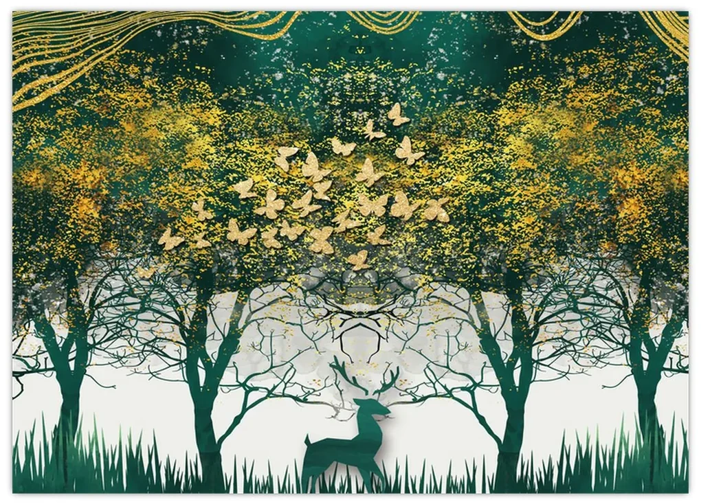 Sklenený obraz - Jelene v zelenom lese (70x50 cm)